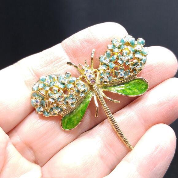 Vintage Enamel Dragonfly Brooch, Signed Kirk's Folly , AB Rhinestones - Picture 5 of 10